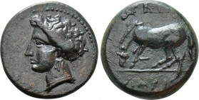 THESSALY. Larissa. Ae Dichalkon (Early to mid 4th century BC). 

Obv: Head of nymph Larissa left.
Rev: ΛAPI / ΣAIΩN. 
Horse crouching left.

Rog...