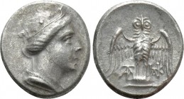 PONTOS. Amisos. Hemidrachm (Circa 300-125 BC). 

Obv: Turreted head of Tyche-Hera right.
Rev: Owl, with wings spread, standing facing on shield; mo...