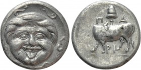 MYSIA. Parion. Hemidrachm (4th century BC). 

Obv: Facing gorgoneion, tongue protruding .
Rev: ΠAPI. 
Bull standing left, head right; pileus on tr...