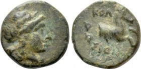 IONIA. Kolophon. Ae (Circa 285-190 BC). Dositheos, magistrate. 

Obv: Laureate head of Apollo right.
Rev: KOΛ ΔΩΣIΘEOΣ. 
Forepart of galopping hor...