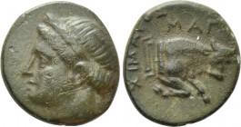 IONIA. Magnesia ad Maeandrum. Ae (Circa 350-300 BC). Chimaros, magistrate. 

Obv: Laureate head of Apollo left.
Rev: MAΓXIMAPOΣ. 
Forepart of bull...