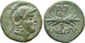 IONIA. Metropolis. Ae (1st century BC). Andron[...], magistrate. 

Obv: Helmeted head of Ares right.
Rev: ANΔPΩN. 
Winged thunderbolt; monogram (=...
