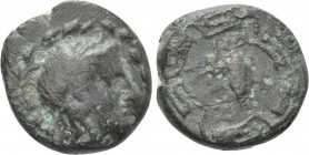 IONIA. Myous. Ae (Circa 400-380 BC). 

Obv: Laureate head of Apollo right within wreath.
Rev: MYH. 
Goose standing right within maeander pattern....