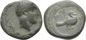 IONIA. Myous. Ae (Circa 400-380 BC). 

Obv: Laureate head of Apollo right within wreath.
Rev: MYH. 
Goose standing right within maeander pattern....