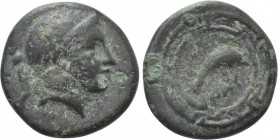 IONIA. Naulochos. Ae (Circa 350-340 BC). 

Obv: Helmeted head of Athena right.
Rev: NAY. 
Dolphin leaping right, maeander pattern around.

BMC 1...