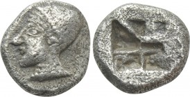 IONIA. Phokaia. Diobol (Circa 521-478 BC). 

Obv: Archaic female head left, wearing earring and helmet or close fitting cap.
Rev: Quadripartite inc...