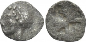 IONIA. Phokaia. Hemitetartemorion (Circa 521-478 BC). 

Obv: Archaic female head left, wearing earring and helmet or close fitting cap.
Rev: Quadri...