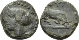 IONIA. Phygela. Ae (Circa 350-300 BC). 

Obv: Head of Artemis Munychia(?) left; wearing sakkos.
Rev: ΦΥΓ. 
Bull butting right.

SNG von Aulock -...