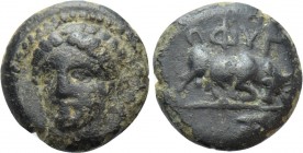 IONIA. Phygela. Ae (Circa 350-300 BC). 

Obv: Head of Artemis Munychia facing slightly left.
Rev: ΦΥΓ. 
Bull butting right; astragalos in exergue....