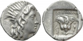 CARIA. Rhodes. Drachm (Circa 190-170 BC). Agemachos, magistrate. 

Obv: Radiate head of Helios right.
Rev: AΓEMAXOΣ / P - O. 
Rose with bud to rig...