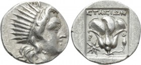 CARIA. Rhodes. Drachm (Circa 188-170 BC). Stasion, magistrate. 

Obv: Radiate head of Helios right.
Rev: ΣTAΣIΩN / P - O. 
Rose with bud to right....