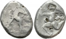 PAMPHYLIA. Aspendos. Stater (Circa 465-430 BC). 

Obv: Warrior advancing right, holding shield and spear.
Rev: Triskeles within incuse square; two ...