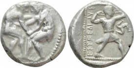 PAMPHYLIA. Aspendos. Stater (Circa 420-370 BC). 

Obv: Two wrestlers grappling.
Rev: EΣTFEΔIIYΣ. 
Slinger in throwing stance right. Control: Trisk...