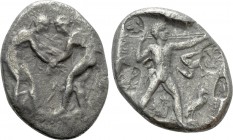 PAMPHYLIA. Aspendos. Stater (Circa 420-370 BC). 

Obv: Two wrestlers grappling.
Rev: EΣTFEΔIIYΣ. 
Slinger in throwing stance right. Control: to ri...