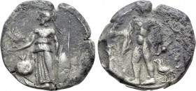 PAMPHYLIA. Side. Stater (Circa 400-350 BC). 

Obv: Athena standing left, supporting shield and spear and holding Nike; pomegranate to left.
Rev: Ap...