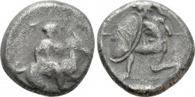 CILICIA. Tarsos. Stater (Circa 410-385 BC). 

Obv: Satrap on horseback right.
Rev: Hoplite kneeling left, wearing Corinthian helmet, holding spear ...