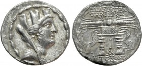 SELEUCIS & PIERIA. Seleukeia Pieria. Tetradrachm (105/4-83/2 BC). Dated CY 10 (100/99 BC). 

Obv: Veiled and turreted bust of Tyche right.
Rev: ΣEΛ...