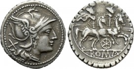 ANONYMOUS. Serrate Denarius (209-208 BC). Uncertain mint, possibly in Sicily. 

Obv: Helmeted head of Roma right; X to left.
Rev: ROMA. 
The Diosc...