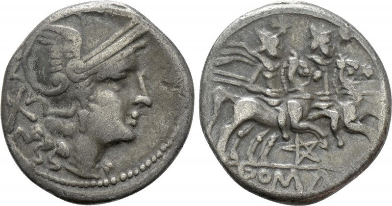 ANONYMOUS. Denarius (206-200 BC). Uncertain mint. 

Obv: Helmeted head of Roma...