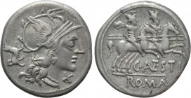 C. ANTESTIUS. Denarius (146 BC). Rome. 

Obv: Helmeted head of Roma right; X (mark of value) below chin; dog upward behind.
Rev: C ANTESTI / ROMA. ...
