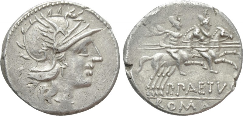 P. AELIUS PAETUS. Denarius (138 BC). Rome. 

Obv: Helmeted head of Roma right;...