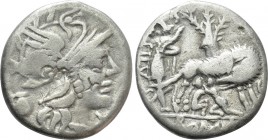 S. POMPEIUS FAUSTULUS. Denarius (137 BC). Rome. 

Obv: Helmeted head of Roma right, jug behind; X (mark of value) below chin.
Rev: S[...] FOSTLVS /...