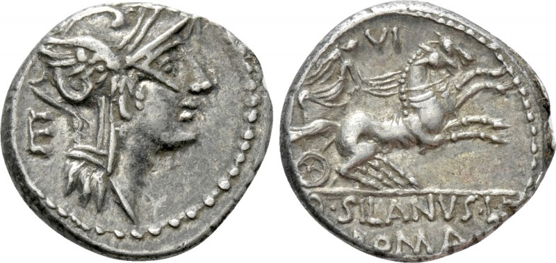 D. SILANUS L.F. Denarius (91 BC). Rome. 

Obv: Helmeted head of Roma right; E ...