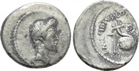 JULIUS CAESAR. Denarius (42 BC). Rome. L. Mussidius Longus, moneyer. 

Obv: Laureate head of Caesar right.
Rev: L MVSSIDIVS LONGVS. 
Rudder, cornu...