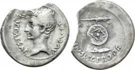 AUGUSTUS (27 BC-14 AD). Denarius. Emerita. P. Carisius, legatus. 

Obv: IMP CAESAR AVGVST. 
Bare head left.
Rev: P CARISIVS LEG PRO PR. 
Round or...