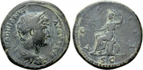 HADRIAN (117-138). As. Rome. 

Obv: HADRIANVS AVGVSTVS. 
Laureate, draped and cuirassed bust right.
Rev: COS III / S - C. 
Roma seated left on cu...