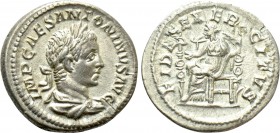ELAGABALUS (218-222). Denarius. Rome. 

Obv: IMP CAES ANTONINVS AVG. 
Laureate and draped bust right.
Rev: FIDES EXERCITVS. 
Fides seated left, h...