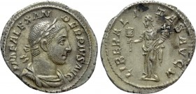 SEVERUS ALEXANDER (222-235). Denarius. Rome. 

Obv: IMP ALEXANDER PIVS AVG. 
Laureate, draped and cuirassed bust right.
Rev: LIBERALITAS AVGV. 
L...