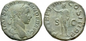 SEVERUS ALEXANDER (222-235). Sestertius. Rome. 

Obv: IMP SEV ALEXANDER AVG. 
Laureate head right, with slight drapery.
Rev: P M TR P VIIII COS II...