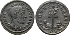 LICINIUS I (308-324). Follis. Ticinum. 

Obv: IMP LICINIVS AVG. 
Helmeted and cuirassed bust right.
Rev: VIRTVS EXERCIT / PT. 
Two captives seate...