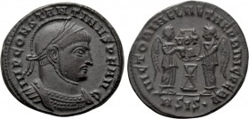 CONSTANTINE I THE GREAT (307-337). Follis. Siscia. 

Obv: IMP CONSTANTINVS P F AVG. 
Laureate, helmeted and cuirassed bust right.
Rev: VICTORIAE L...