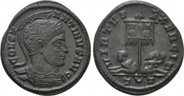 CONSTANTINE I THE GREAT (307/310-337). Follis. Ticinum. 

Obv: CONSTANTINVS AVG. 
Helmeted and cuirassed bust right.
Rev: VIRTVS EXERCIT / T (cres...