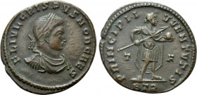 CRISPUS (Caesar, 316-326). Follis. Treveri. 

Obv: F L IVL CRISPVS NOB CAES. 
Laureate, draped and cuirassed bust right.
Rev: PRINCIPI IVVENTVTIS ...