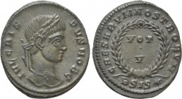 CRISPUS (Caesar, 316-326). Follis. Siscia. 

Obv: IVL CRISPVS NOB C. 
Laureate head right.
Rev: CAESARVM NOSTRORVM / BSIS (star). 
VOT / V in two...
