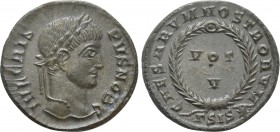 CRISPUS (Caesar, 316-326). Follis. Siscia. 

Obv: IVL CRISPVS NOB C. 
Laureate head right.
Rev: CAESARVM NOSTRORVM / ΓSIS (star). 
VOT / V in two...