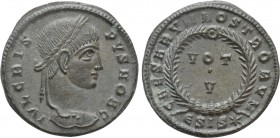 CRISPUS (Caesar, 316-326). Follis. Siscia. 

Obv: IVL CRISPVS NOB C. 
Laureate head right.
Rev: CAESARVM NOSTRORVM / ESIS (star). 
VOT / V in two...