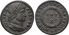 CRISPUS (Caesar, 316-326). Follis. Siscia. 

Obv: IVL CRISPVS NOB C. 
Laureate head right.
Rev: CAESARVM NOSTRORVM / ASIS (sun). 
VOT / X in two ...
