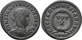 CONSTANTINE II (Caesar, 316-337). Follis. Arelate. 

Obv: CONSTANTINVS IVN NOB C. 
Laureate, draped and cuirassed bust right.
Rev: CAESARVM NOSTRO...
