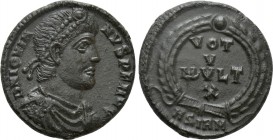 JOVIAN (363-364). Ae. Sirmium. 

Obv: D N IOVIANVS P F AVG. 
Diademed, draped and cuirassed bust right.
Rev: VOT / V / MVLT / X / ASIRM. 
Legend ...