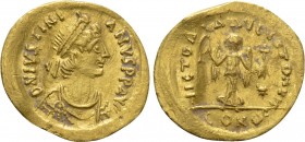 JUSTINIAN I (527-565). GOLD Tremissis. Constantinople. 

Obv: D N IVSTNIANVS P P AVG. 
Diademed, draped and cuirassed bust right.
Rev: VICTORIA AV...