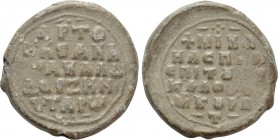 BYZANTINE LEAD SEALS. Michael, imperial spatharios (Circa 10th century). 

Obv: MIKA / HΛ CΠΑΘ / EΠI TW[...] / KAΛO[...]. 
Legend in six lines.
Re...