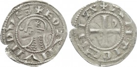CRUSADERS. Antioch. Bohemund IV or V (1201-1251). Denier. 

Obv: + BOAMVNDVS. 
Helmeted and mailed bust left, flanked by crescent and star .
Rev: ...