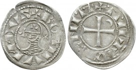 CRUSADERS. Antioch. Bohemund IV or V (1201-1251). Denier. 

Obv: + BOAMVNDVS. 
Helmeted and mailed bust left, flanked by crescent and star .
Rev: ...