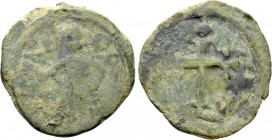 CRUSADERS. Edessa. Baldwin II (Second reign, 1108-1118). Follis. 

Obv: Baldwin standing left, wearing conical helmet and chain-armor, holding globu...