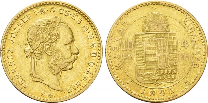 Austrian Empire. Franz Joseph I (1848-1916). GOLD 4 Forint / 10 Francs (1891 KB)...