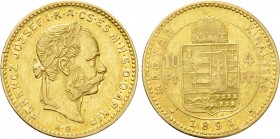 Austrian Empire. Franz Joseph I (1848-1916). GOLD 4 Forint / 10 Francs (1891 KB). Kremnitz. 

Obv: FERENCZ JÓZSEF I K A CS ÉS M H S D O AP KIR. 
La...